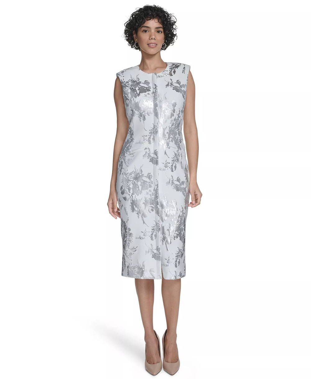 Calvin Klein Women's Sleeveless Foil Printed Sheath Dress- Cream/Silver, Size-14